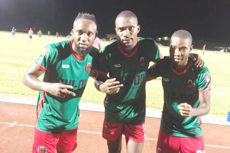 Slingerz FC scorers (from left) Ricardo Halley, Delon Lanferman and Dexroy Adams