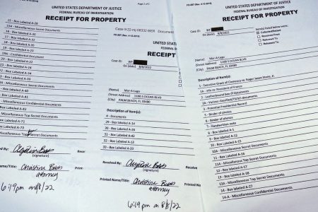 The three page itemized list of property seized in the execution of a search warrant by the FBI at former President Donald Trump's Mar-a-Lago estate is seen after being released by the U.S. District Court for the Southern District of Florida in West Palm Beach, Florida, U.S. August 12, 2022. REUTERS/Jim Bourg 