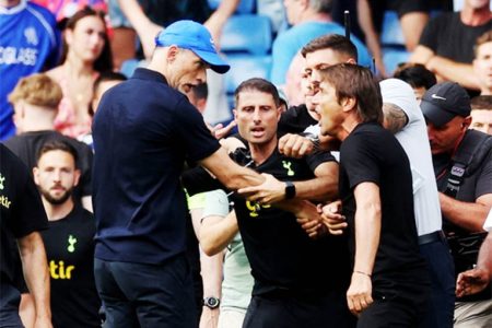 Chelsea manager Thomas Tuchel (left) clashes with Tottenham Hotspur manager Antonio Conte after the match at Stamford Bridge, London August 14, 2022. — Reuters pic 