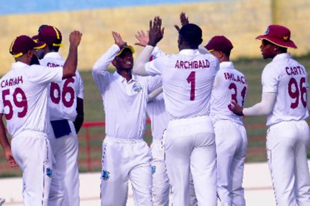 Colin Archibald (third from right) celebrates a wicket during day two of the second four-day ‘Test’. (Photo courtesy CWI Media)
