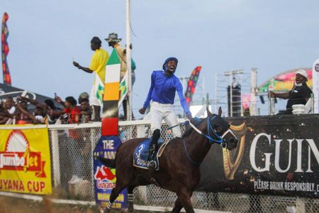 The ecstatic champion jockey, Colin Ross, rode Alado, the Master Z owned steed to victory in the feature Guyana Cup One-Mile race ahead of Wild Texas Tom, Our Stuie and Everesting to cash in on the winner’s take. 
