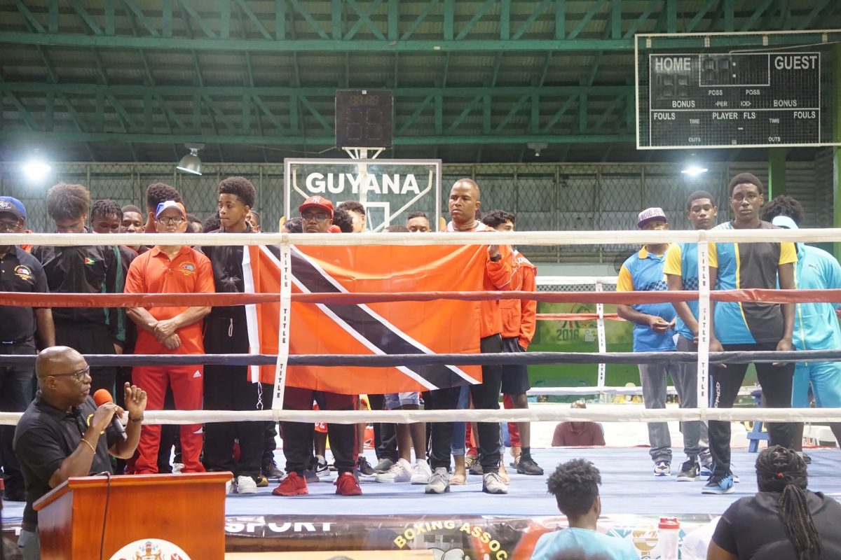 The contingents of the host, Trinidad and Tobago and The Bahamas in the ring during the opening ceremony. (Emmerson Campbell photo) 