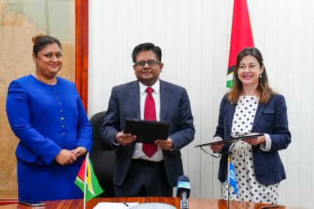 From left are Minister of Education Priya Manickchand, Minister of Finance Dr Ashni Singh and World Bank Resident Representative for Guyana and Suriname, Diletta Doretti. (Ministry of Education photo) 