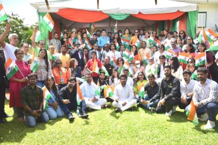 The High Commission of India in Georgetown yesterday celebrated the Independence Day of India as Azadi Ka Amrit Mahotsav on the premises of the Swami Vivekananda Cultural Centre (SVCC), Queenstown, Georgetown.
A release from the High Commission said that the event was attended by Indian nationals, persons of Indian origin, friends of India and other distinguished invitees.
High Commissioner of India Dr. K.J. Srinivasa hoisted the Indian National Flag,  read out the message of the President of India,  Droupadi Murmu,  and addressed the gathering.
The release said that the event also included cultural performances by the  students of the Swami Vivekananda Cultural Centre choreographed and guided by  Dance Teacher  Varsha J. Chaudhari and Yoga Teacher  Mohit Kumar Mann.
India is celebrating its 75th Independence Anniversary from March 2021 to August 2023. The Government of India is organizing various events across the globe in the run up to the India@75 to celebrate this historic occasion.
