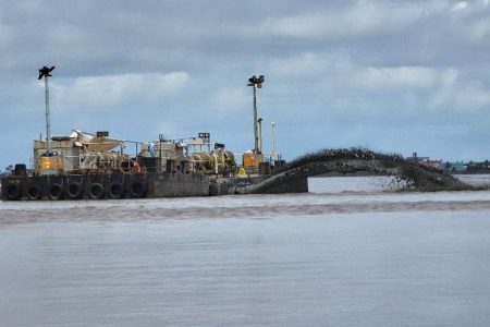 Mud being discarded by one of the dredges in the ocean on Tuesday
