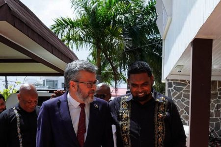 Head of Delegation of the European Union to Guyana, Dr Fernando Ponz Cantó (left) with President Irfaan Ali yesterday. (Office of the President photo)