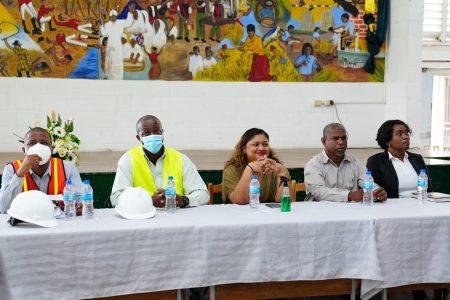 Minister of Education Priya Manickchand (centre) at the head table during the ceremony for the contract award on Wednesday. (Ministry of Education photo)
