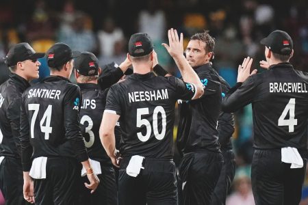 Tim Southee celebrates after the dismissal of Shamarh Brooks yesterday (Associated Press photo)