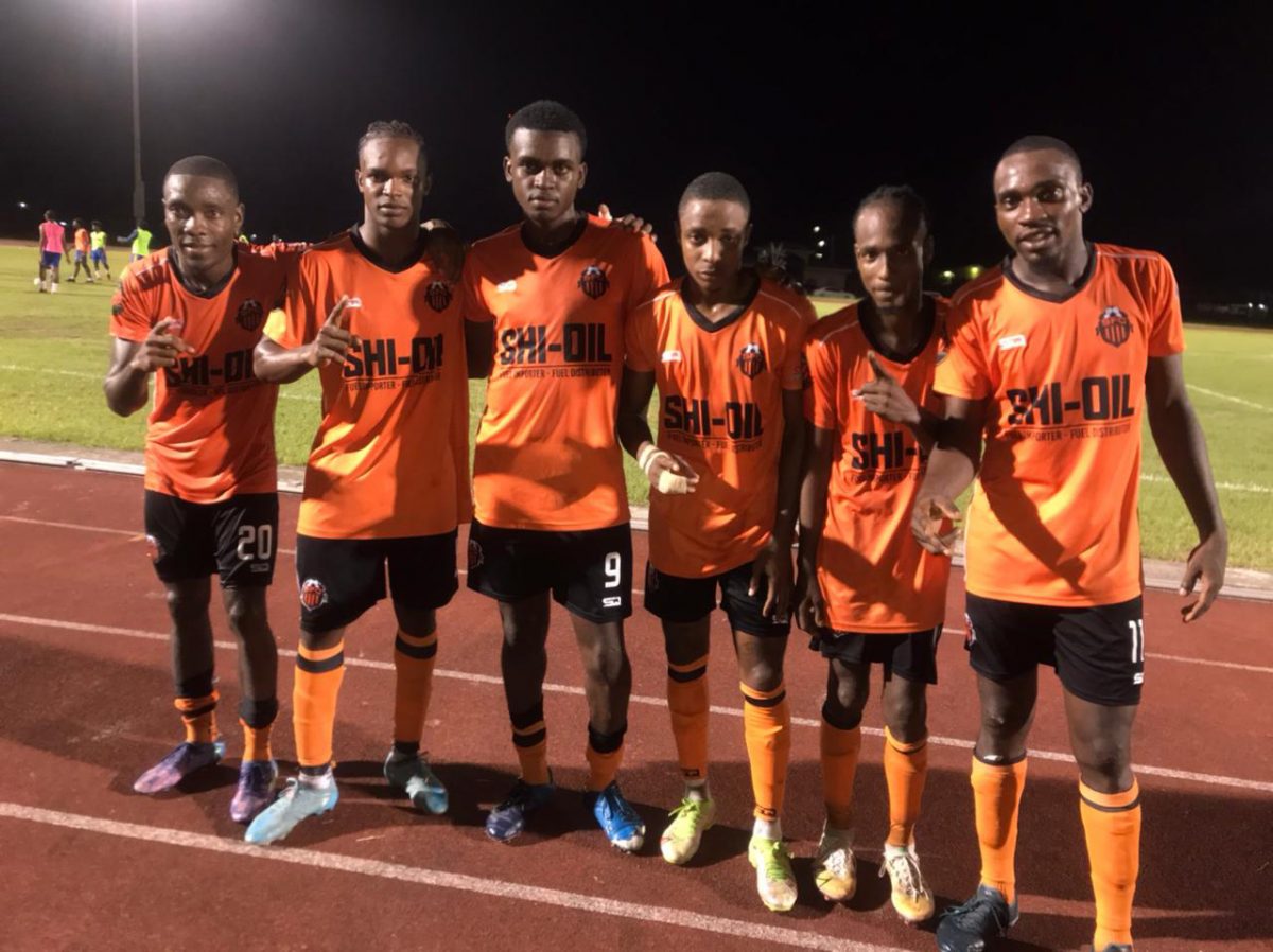 Slingerz scorers from left Dexroy Adams, Jamal Harrigon, Neron Barrow, Leo Lovell, Deon Alfred, and Delon Lanferman. Missing is Akel Clarke