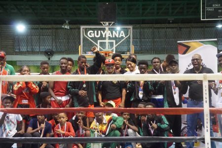 Following three nights of exciting bouts featuring future top prospects, Team Guyana earned 23 points to retain the Winfield Braithwaite Caribbean Boxing Tournament country award on Sunday night at the Cliff Anderson Sports Hall. (Emmerson Campbell photo)