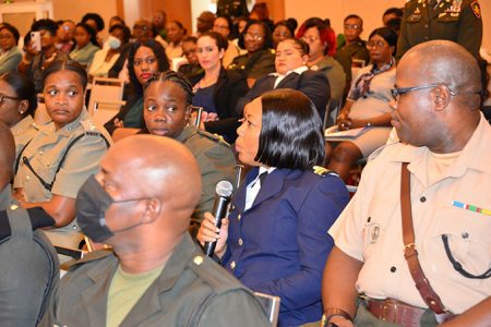 Her perspective: An attendee at the  Women, Peace and Security conference making an input yesterday at the Marriott Hotel. (GDF photo)
