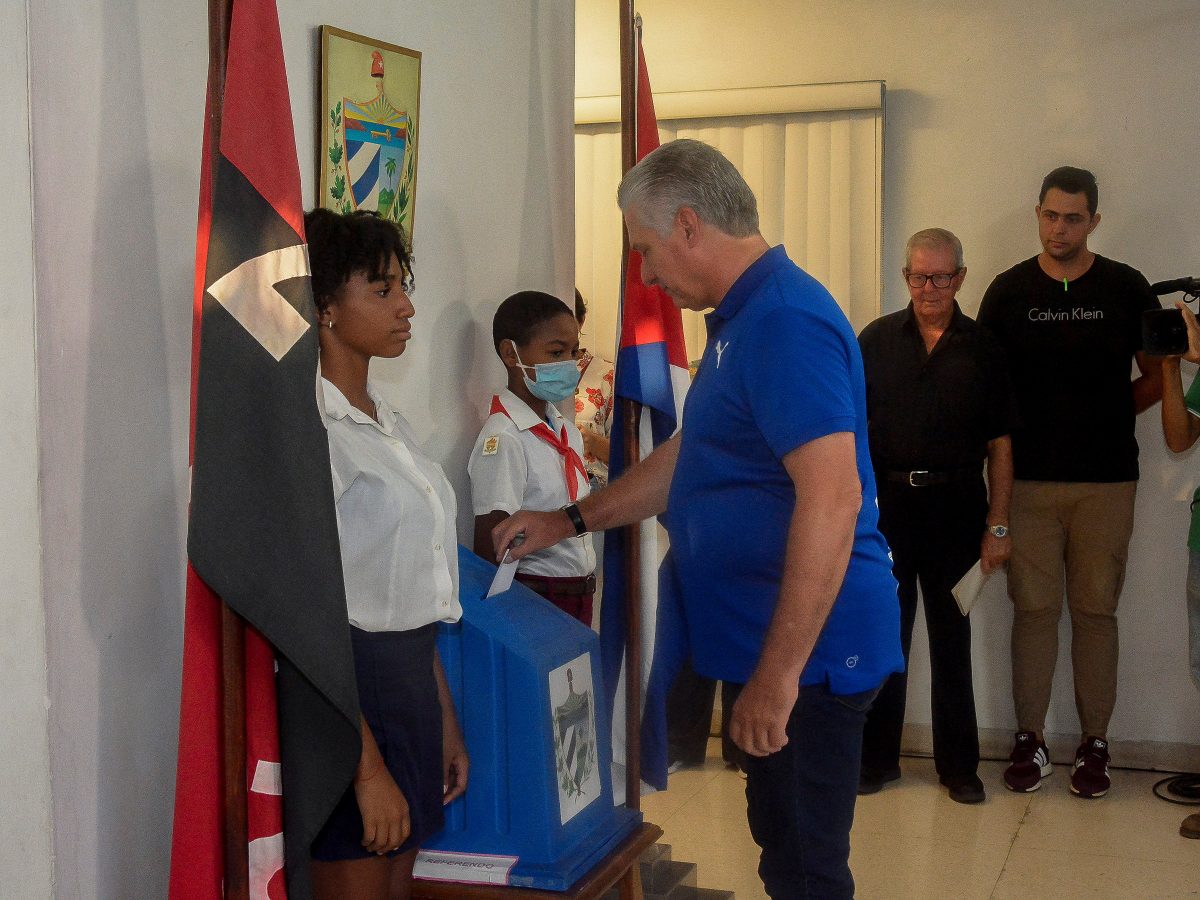 Cuba’s President Miguel Diaz-Canel casts his vote at a polling station during the new Family Code referendum in Havana, Cuba, September 25, 2022. Courtesy of Estudios Revolucion/Handout via Reuters.