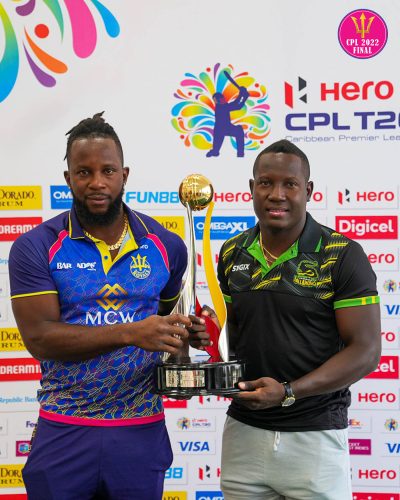 Barbados Royals captain Kyle Mayers (left), and Jamaica Tallawahs skipper Rovman Powell pose with the coveted trophy
