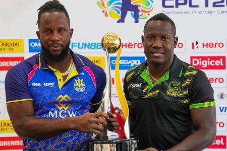 Barbados Royals captain Kyle Mayers (left), and Jamaica Tallawahs skipper Rovman Powell pose with the coveted trophy

