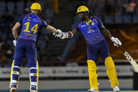 Corbin Bosch (left) and Kyle Mayers led the way for the Barbados Royals as they maintained their perfect record with a win against the St. Lucia Kings