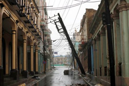 A downed pole is seen on the street in the aftermath of Hurricane Ian's passage through Pinar del Rio, Cuba, September 27, 2022. REUTERS/Alexandre MeneghiniREUTERS
