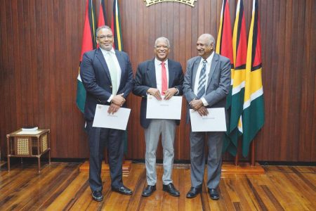 The  Chair and Members of the CoI. From left are Godfrey P Smith, Stanley John and Carl Singh  (Office of the President photo)