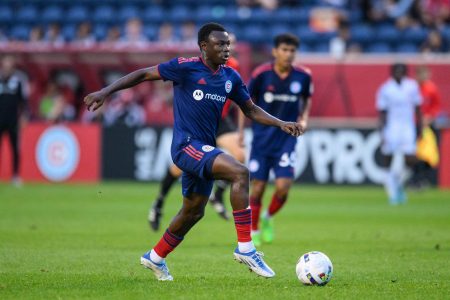 Omari Glasgow on the attack during a game in the MLS Next Pro League