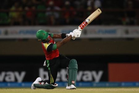 On the charge! Shai Hope launching one of his eventual five sixes into the stands on his way to an unbeaten 59 against the St. Lucia Kings (Photo compliments of CPL)