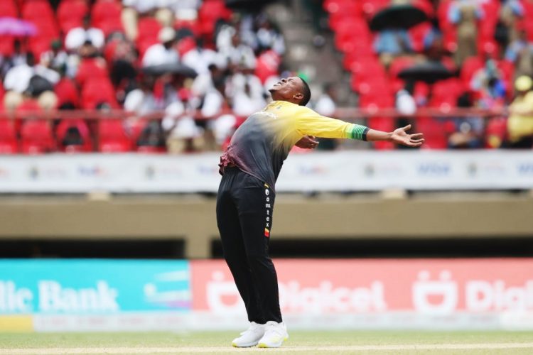 Sheldon Cottrell of St. Kitts and Nevis Patriots celebrating after delivering an excellent final over to seal victory against the Trinbago Knight Riders (Photo compliments of CPL)