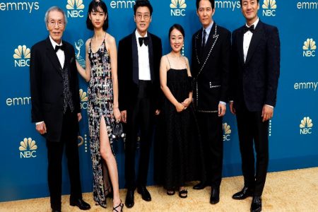 ark Hae-Soo, Lee Jung-Jae, Kim Ji-Yeon, Hwang Dong-Hyuk, Jung Ho-Yeon and Oh Young-Soo, of “Squid Game”, arrive at the 74th Primetime Emmy Awards in Los Angeles, California, U.S., September 12, 2022. REUTERS/Ringo Chiu