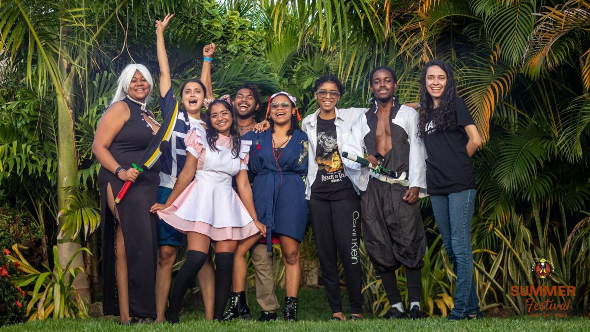 From left to right are Rafaela Ovido, CEO of Seishonen Guyana; Juliana Lopes, Marketing Coordinator; Tiffany Ramdyal; Chris Bissessar, Sponsorship Coordinator; Kezyah Bhola; Teija Edwards, Summer Festival host; Deral King, Business Coordinator; and Maria Lopes, Graphic Designer. (Photo by Koby Wills)