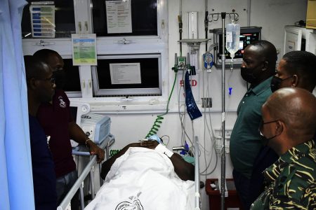 GDF Chief-of-Staff (third, from right) along with other members of the force visiting the injured Lt Col Lloyd Souvenir at the Georgetown hospital.  See story on page 17.  (GDF photo)
