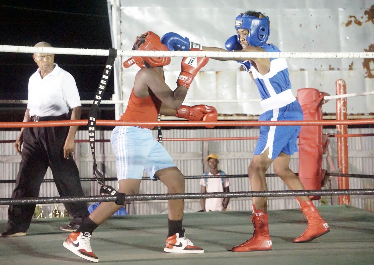 Some of the action at the Guyana Boxing Association youth and junior boxing card at Rose Hall Town last evening. (Emmerson Campbell photo)