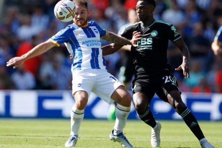 Brighton & Hove Albion’s Alexis Mac Allister in action with Leicester City’s Patson Daka Action Images via Reuters/John Sibley