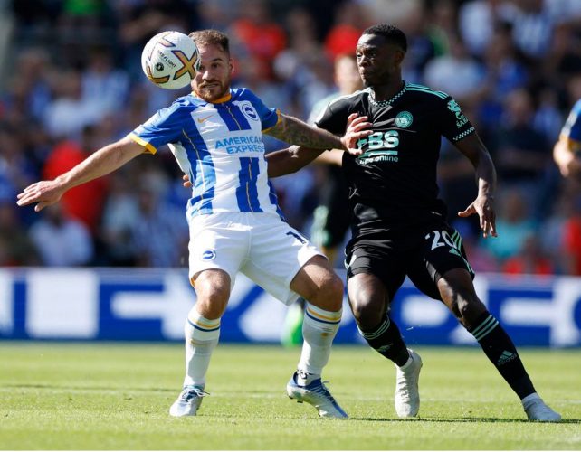 Brighton & Hove Albion’s Alexis Mac Allister in action with Leicester City’s Patson Daka Action Images via Reuters/John Sibley