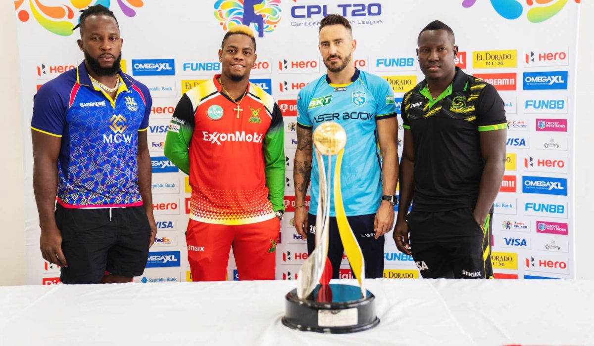 The captains of the four semi-final teams at yesterday’s press conference, from left Kyle Mayers of the Barbados Royals, Shimron Hetmyer of the Guyana Amazon Warriors, Faf du Plessis of the St Lucia Kings and Rovman Powell of the Jamaica Tallawahs.