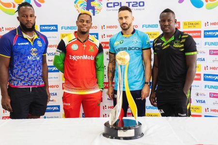The captains of the four semi-final teams at yesterday’s press conference, from left Kyle Mayers of the Barbados Royals, Shimron Hetmyer of the Guyana Amazon Warriors, Faf du Plessis of the St Lucia Kings and Rovman Powell of the Jamaica Tallawahs.