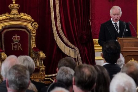 Britain's King Charles III speaks during a meeting of the Accession Council in the Throne Room inside St James's Palace in London on Sep 10, 2022, to proclaim him as the new King. (Photo: AFP/Jonathan Brady)