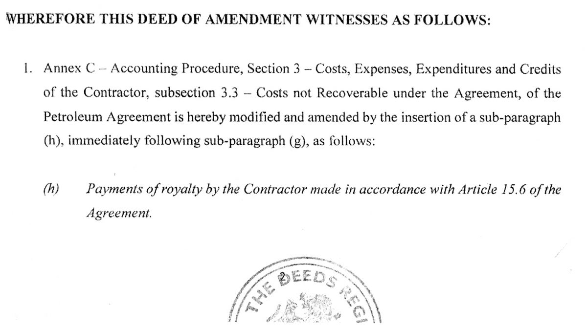 The amendment makes explicit with the insertion of sub-paragraph (h) that payments of royalty by the contractor is among the costs not recoverable under the agreement