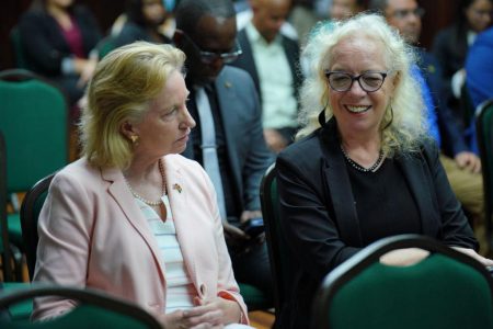 US Ambassador Sarah-Ann Lynch (left) and UK High Commissioner Jane Miller at the swearing in (Office of the President photo) 