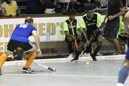 A scene from the Pepsi Hikers (green) and Bounty GCC clash in the Lucozade Indoor Championship