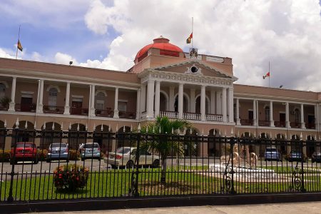 Guyana’s flags being flown at half-mast at the Public Buildings yesterday as part of the National Day of Mourning to mark the death of Queen Elizabeth II. 
