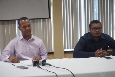  President of the AAG, Aubrey Hutson makes a point at yesterday’s launch of the 20th edition of the
South American 10k which is set for November 6. (Emmerson Campbell photo)