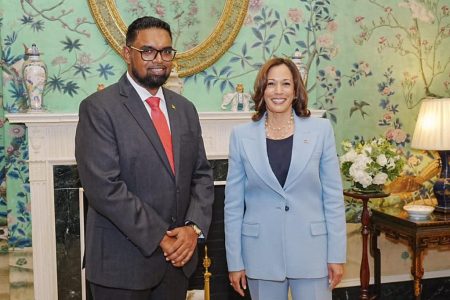 President Irfaan Ali (left) with US Vice President Kamala Harris yesterday (Office of the President photo)
