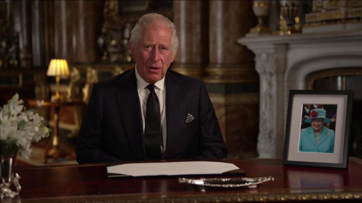 King Charles III delivers his address to the nation and the Commonwealth from Buckingham Palace, London, following the death of Queen Elizabeth II on Thursday. Picture date: Friday, Sept 9, 2022. Yui Mok/REUTERS