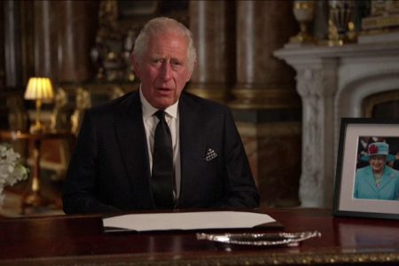 King Charles III delivers his address to the nation and the Commonwealth from Buckingham Palace, London, following the death of Queen Elizabeth II on Thursday. Picture date: Friday, Sept 9, 2022. Yui Mok/REUTERS