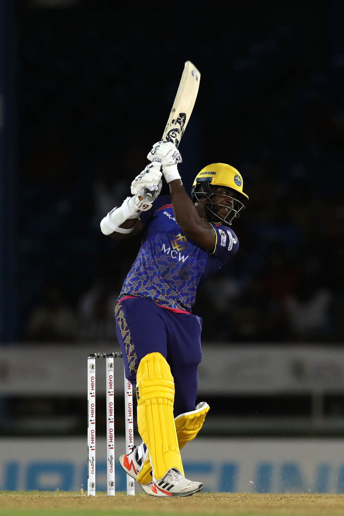 Kyle Mayers pulls during his half-century against TKR on Tuesday night. (Photo courtesy Getty/CPL) 