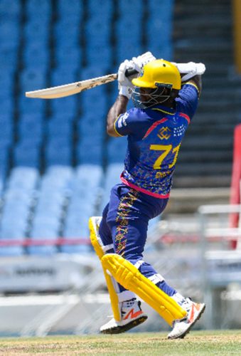 Kyle Mayers takes a shot during the Barbados Royals’ match against TKR yesterday. (Photo courtesy Getty CPL) 