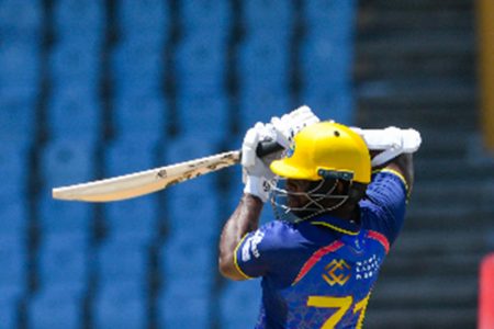Kyle Mayers takes a shot during the Barbados Royals’ match against TKR yesterday. (Photo courtesy Getty CPL) 