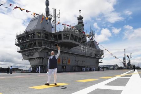 India Prime Minister Narendra Modi gestures during the special programme held to mark the commissioning of INS Vikrant in India, on September 2, 2022. — Twitter/narendramodi