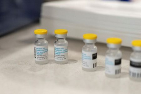 Vials of the JYNNEOS smallpox and monkeypox vaccine are placed on a table during a clinic offered by the Pima County Department of Public Health at Abrams Public Health Center in Tucson, Arizona, U.S., August 20, 2022. REUTERS/Rebecca Noble/File Photo