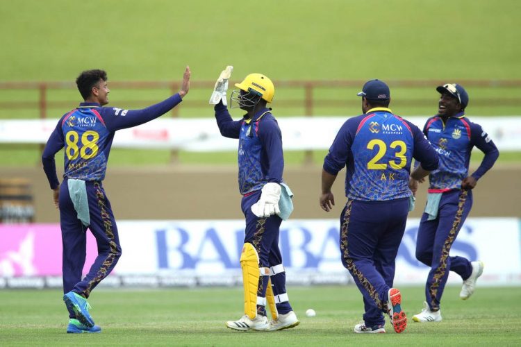 Off-spinner Mujeeb-ur-Rahman celebrates a wicket during Barbados Royals’ ninth win yesterday. (Photo: Getty/CPL) 