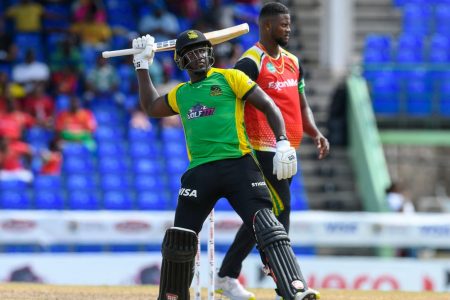 Rovman Powell celebrates Tallawahs win over Amazon Warriors yesterday. (Photo courtesy Getty/CPL)
