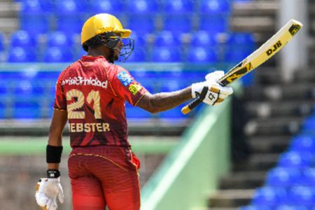 Tion Webster celebrates his half-century against St Lucia Kings. (Photo courtesy CPL Media) 