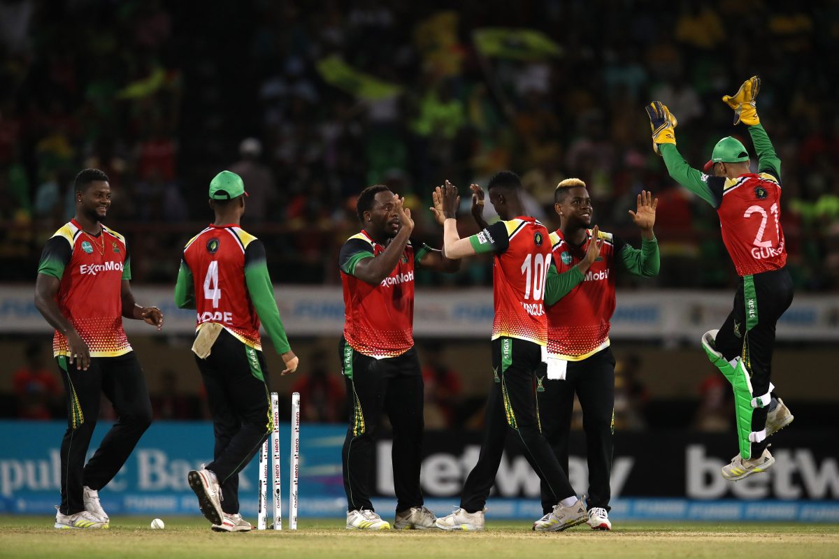 The Guyana Amazon Warriors celebrate the dismissal of Azam Khan of the Barbados Royals last night at the Providence National Stadium. (Photo by Ashley Allen-CPLT20/CPLT20 via Getty Images